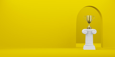 Abstract podium column with a golden trophy on the yellow background with arch. The victory pedestal is a minimalist concept. Free space for text. 3D rendering.