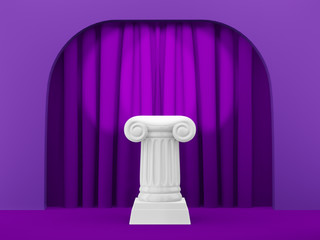 Abstract podium column on the fuchsia background arch with fuchsia curtian. The victory pedestal is a minimalist concept. 3D rendering.