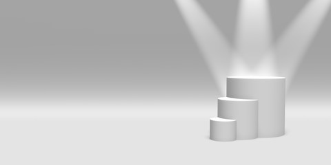 Podium, pedestal or platform white color illuminated by spotlights on white background. Abstract illustration of simple geometric shapes. 3D rendering.