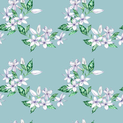 Watercolor seamless pattern with white coffee flowers and green leaves.