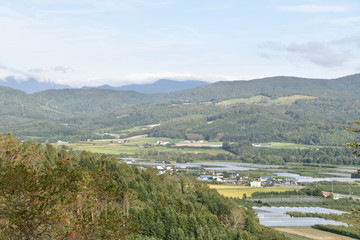 Landscape with town and mountain in Toya, Hokkaido, Japan