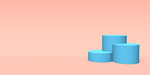 Podium, pedestal or platform blue color on pink background. Abstract illustration of simple geometric shapes. 3D rendering.