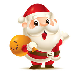 Cartoon cute Santa Claus mascot carrying Christmas gift bag waiving hand isolated. - Vector character illustration