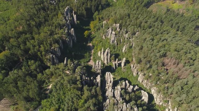 TURNOV, CZECH REPUBLIC - JUNE, 2019: Aerial drone view of a beautiful landscape of National Park Cesky Raj near Prague.