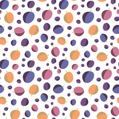 Fototapeta na wymiar A seamless vector pattern with colorful plums on white background. Surface print design.