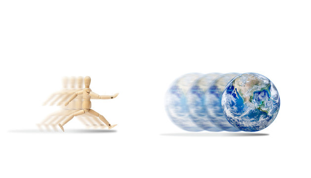 Business Growing Concept : Wooden figure mannequin running to catch earth running. (Elements of this image furnished by NASA.)