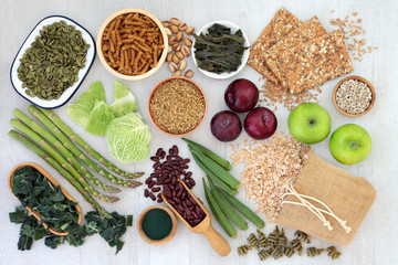 High fibre super food with whole grain crackers, fruit, vegetables, whole wheat pasta, cereals,...