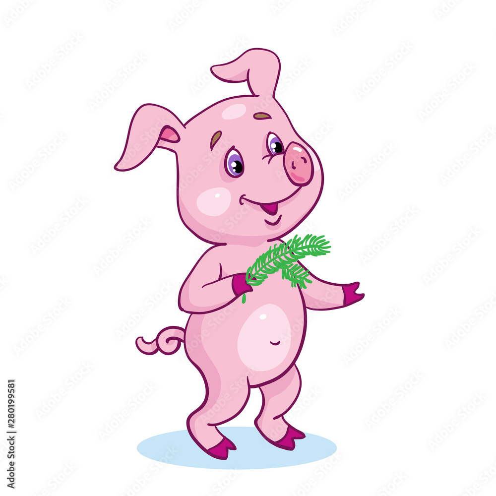 Canvas Prints Funny little cute piglet with a green sprig. Isolated on a white background. In cartoon style.