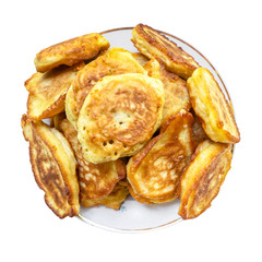 top view of many russian oladyi (thick pancakes)