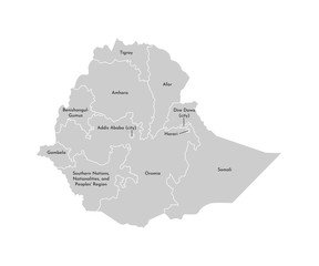 Vector isolated illustration of simplified administrative map of Ethiopia. Borders and names of the regions. Grey silhouettes. White outline