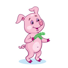 Fototapeta na wymiar Funny little cute piglet with a green sprig. Isolated on a white background. In cartoon style.