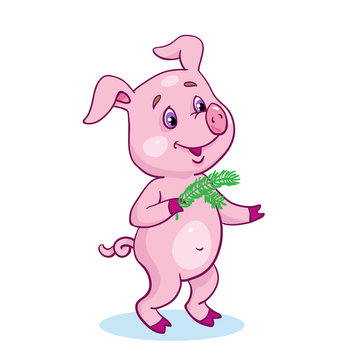 Funny little cute piglet with a green sprig. Isolated on a white background. In cartoon style.