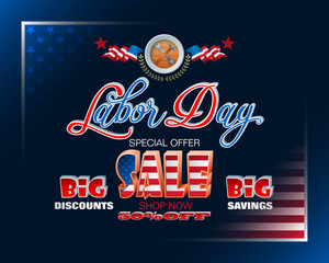  Holidays, design background with 3d texts and national flag colors for American, Labor day, sales, commercial event; Vector illustration