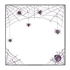 watercolor halloween frame with spiderweb and spiders. Suitable for invitations, cards, decorations