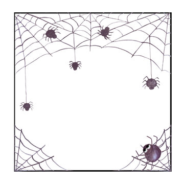 watercolor halloween frame with spiderweb and spiders. Suitable for invitations, cards, decorations