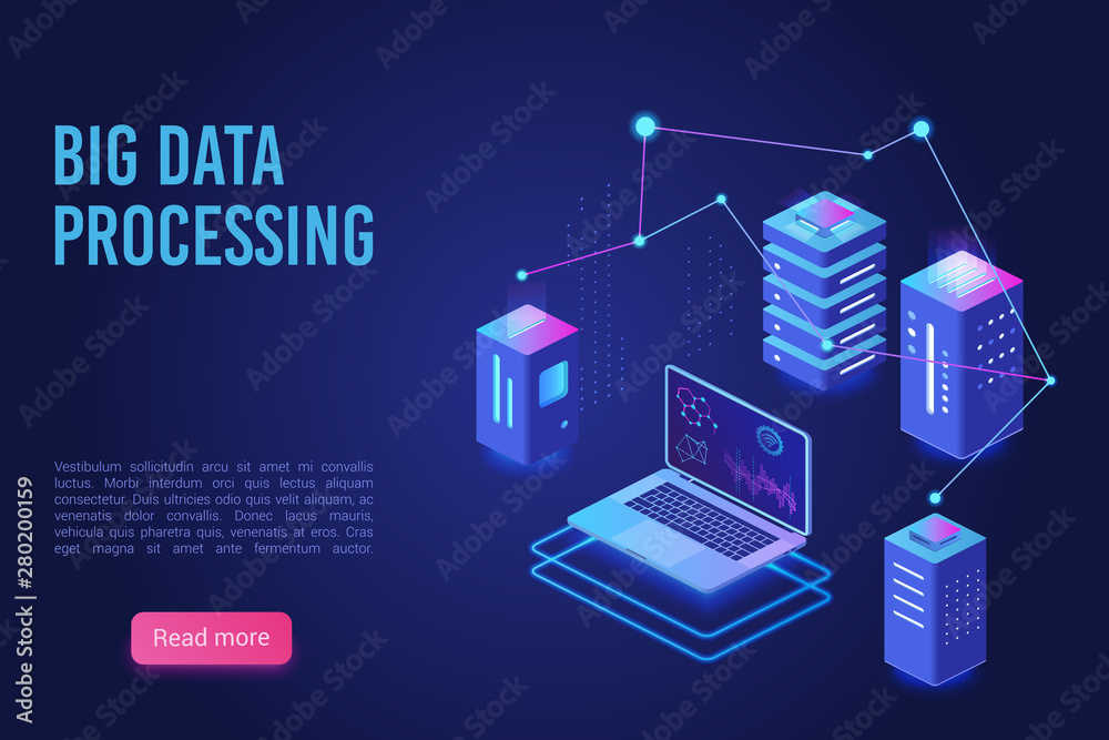 Poster Big data processing and analysing landing page vector template. Analytics data servers, Server room banner, web hosting concept, ultraviolet isometric vector illustration.