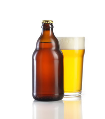 Bottle of beer and a glass on a white background