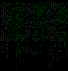 Binary falling numbers like matrix. Green 0,1 digits on black background