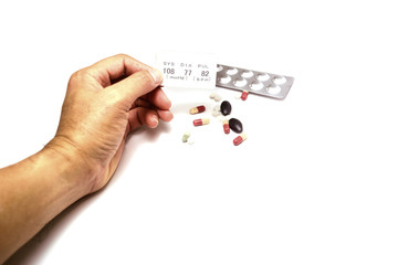 adult male hand holding a white paper data of systolic ,diastolic and pulse  after examination with tester tool on white background with bright light and many  medicine