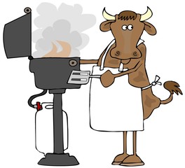 Cow grilling on a propane BBQ