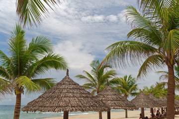 Fototapeta na wymiar Straw parasols in between of palm trees on sandy beach