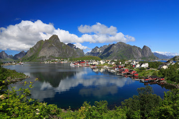Scenic view of Reine village area, Lofoten Islands in Norway