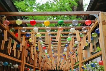 Enmusubi Furin with colorful glass wind chime at Kawagoe Hikawa Shrine in Kawagoe, Japan.