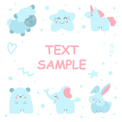 Social media post template with doodle characters.