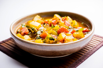 Lauki/doodhi ki Sabji also known as bottle gourd curry. served in a bowl or karahi. selective focus