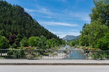 Fototapeta na wymiar View of the Verdon river, at the beginning of the Verdon Gorges near village Castellane. Alps of Provence. France.