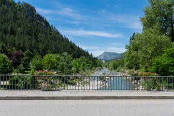 View of the Verdon river, at the beginning of the Verdon Gorges near village Castellane. Alps of Provence. France.