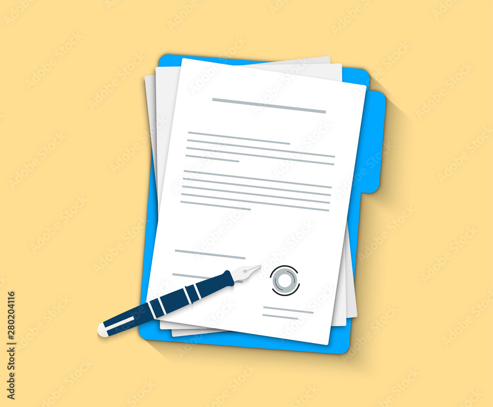 Poster Document, folder with stamp and text. Contract papers. Document. Flat design. Contract icon agreement pen.