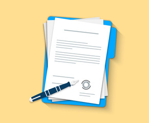 Document, folder with stamp and text. Contract papers. Document. Flat design. Contract icon agreement pen. - obrazy, fototapety, plakaty