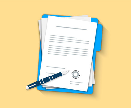 Document, folder with stamp and text. Contract papers. Document. Flat design. Contract icon agreement pen.