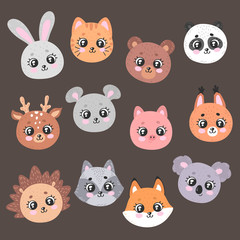 Cute cartoon animals faces. Big set