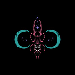 Vector illustration with hand drawn space magic beetle. Sacred Moon symbol, abstract