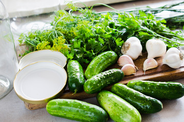 Preparation marinated conservation cucumbers with herbs, garlic, salt, and spice.