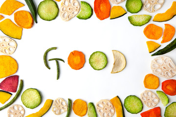 Dried vegetables chips on white background
