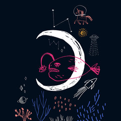 Space underwater scene with unicorn, whale, Moon and stars. Doodle childish vector © Knstart Studio