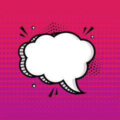 White empty speech bubble with stars and halftone shadow on pink background. Comic sound effects in pop art style. Vector illustration