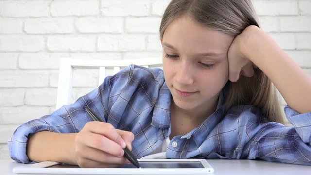 Child Studying on Tablet, Girl Writing in School Class, Learning Doing Homework
