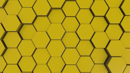 Yellow hexagon geometry background. 3d illustration of simple primitives with six angles in front