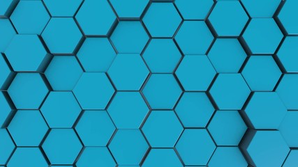 Blue hexagon geometry background. 3d illustration of simple primitives with six angles in front