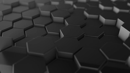 Abstract dark hexagon geometry background. 3d illustration of simple primitives with six angles in...