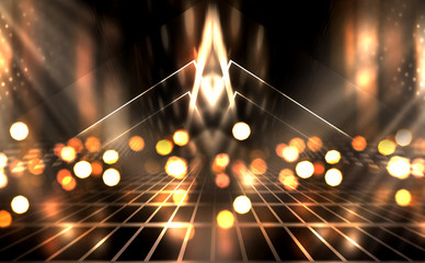 Empty background scene. Golden bokeh, blurred rays. Rays of neon light in the dark, neon figures, smoke. Background of empty stage show. Abstract dark background.