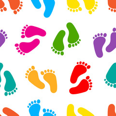 Abstract seamless pattern with colorful traces of human feet. Footprint isolated on white background. Vector illustration