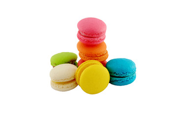 Colorful homemade macaroons on a white background.