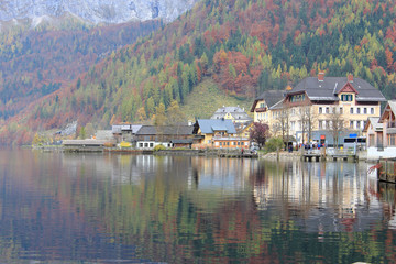 Villages of Hallstatt on the lake and mountain, Hallstatt Austria. Beautiful view of famous