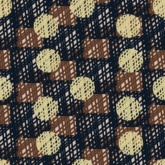 A seamless vector pattern with polka dots on checkered background. Surface print design.