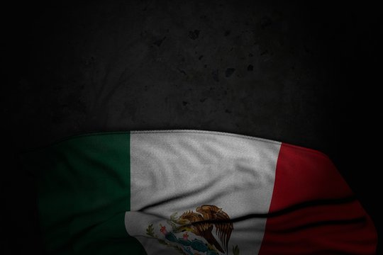 pretty dark picture of Mexico flag with large folds on black stone with free space for your content - any holiday flag 3d illustration..